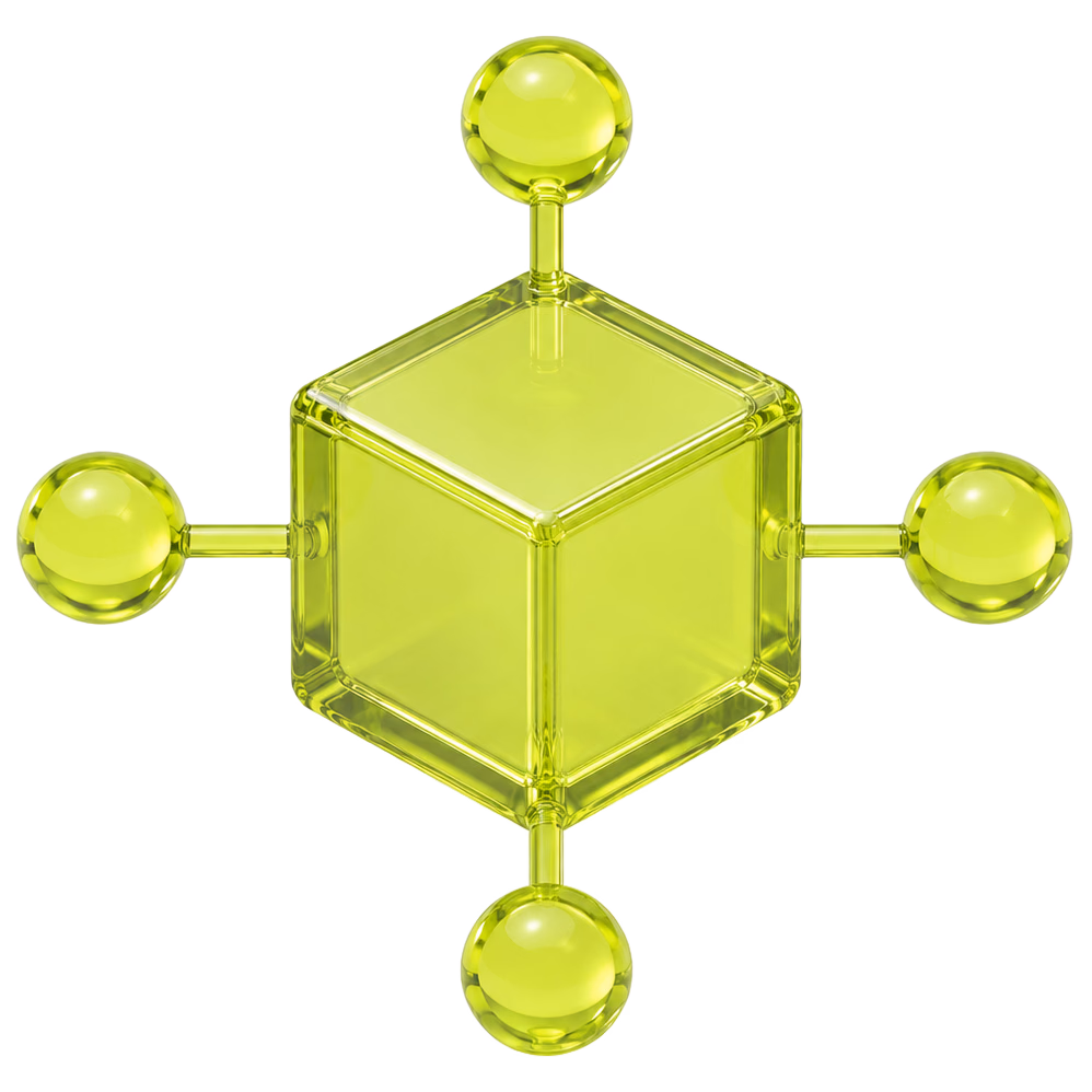 Glass cube with four connected nodes